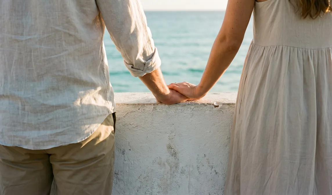 Una pareja de espaldas junto a un muro blanco frente al mar, su mano sobre la de ella